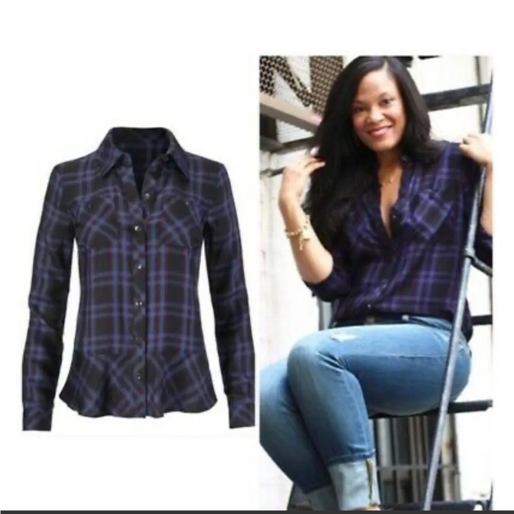 CAbi Purple Moody Plaid Check Button-Down Shirt NWT Sz L